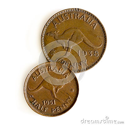 Old Australian Penny and Half Penny Isolated on White Stock Photo