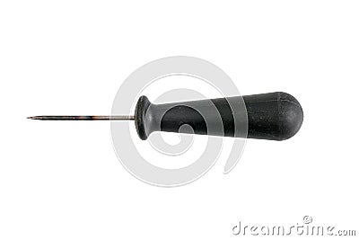 old awl with black plastic handle isolated on white background. Hand tool for piercing holes Stock Photo