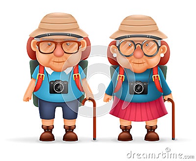 Old Backpacker Couple Photo Camera 3d Travel Realistic Cartoon Character Design Isolated Vector Illustration Vector Illustration