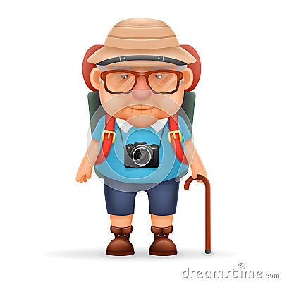 Old Backpacker Man Grandfather Photo Camera 3d Travel Realistic Cartoon Character Design Isolated Vector Illustration Vector Illustration