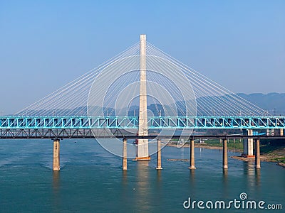 Bird view of Old and New Baishatuo Yangtze River Railway Bridge under blue sky Stock Photo