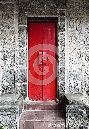 Old balinese wood door, Sanur, Bali Stock Photo