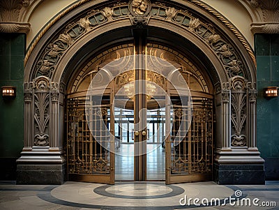 Old Bank Door, Art Deco Enter, Luxury Treasury Door, Ornate Bank Gate, Abstract Generative AI Illustration Stock Photo