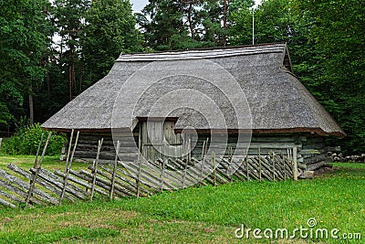 Old barn, ancient farmstead in the countryside, rural scene, Rumsiskes, Lithuania Stock Photo