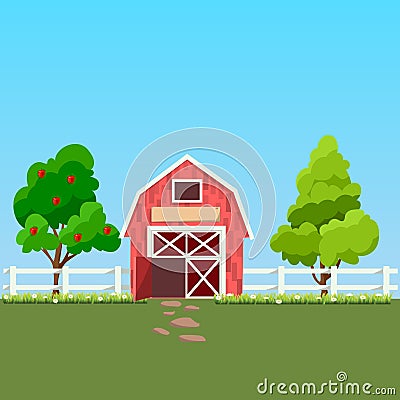 Old Barn and green field Vector Illustration