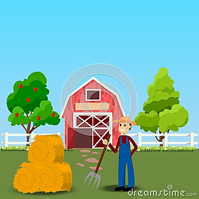 Old Barn and green field Vector Illustration