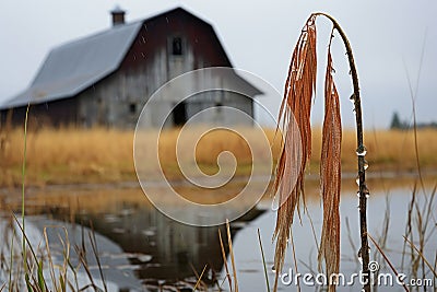 an old barn reflected in a raindrop on a wheat stalk Stock Photo