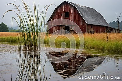 an old barn reflected in a raindrop on a wheat stalk Stock Photo