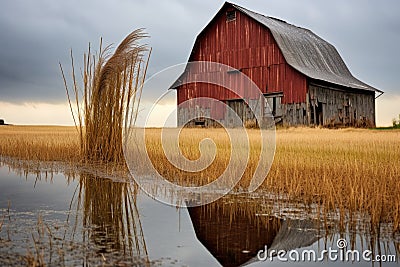 an old barn reflected in a raindrop on a wheat stalk Stock Photo