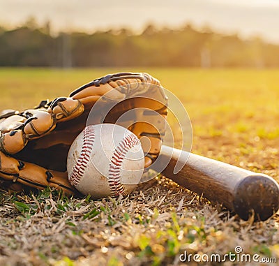 Old baseball, glove, and bat on field with base and outfield in background Stock Photo