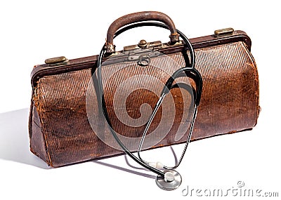 Old battered leather doctors bag and stethoscope Stock Photo