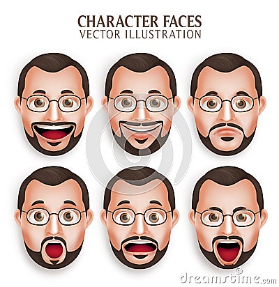 Old Beard Man Head with Different Facial Expression Vector Illustration
