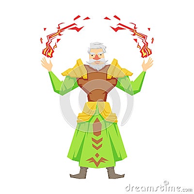 Old bearded magician making magical passes. Colorful fairy tale character Illustration Vector Illustration