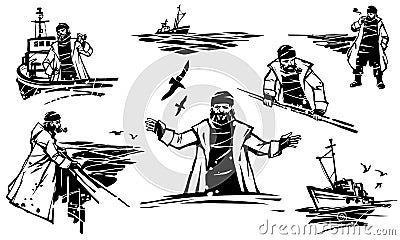 Old bearded professional fisherman. The old sailor stands on the deck and looks into the distance. Vector Illustration