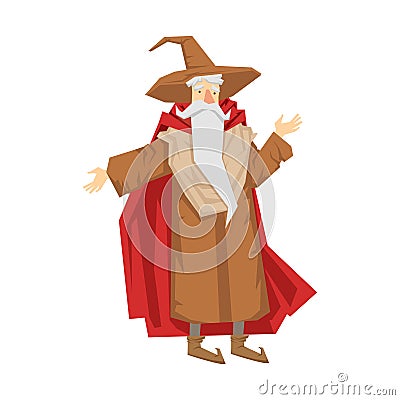 Old bearded wizard in the pointed hat. Colorful fairy tale character Illustration Vector Illustration