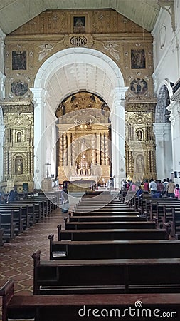 old but beautiful large hall of St. Xavier& x27;s church in Goa, India Editorial Stock Photo