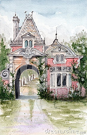 Old beautiful red brick gatehouse Cartoon Illustration