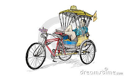 Old bick and tricycle bicycle man lie down and sleeping, sketch Vector Illustration