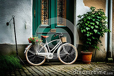 Old bicycle with flowers in front of a door vegetated with ivy Ai generated Stock Photo