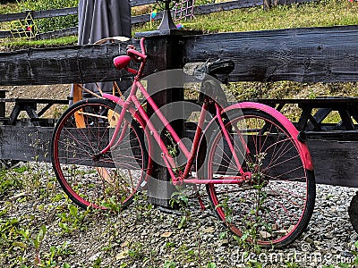 An old bicycle, painted in a bright solid color, stands by the fence as a decorative element Stock Photo