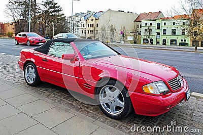 Old red elegant convertible car Mercedes Benz right side view Editorial Stock Photo
