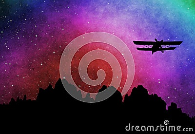 Old biplane silhouette on the starry sky Stock Photo