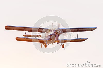Old biplane, turboprop aircraft flight sky. Stock Photo