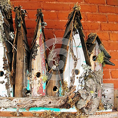 Old birdhouses in a row Stock Photo