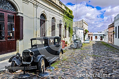 Old black automobile in Colonia del Sacramento, Uruguay Stock Photo