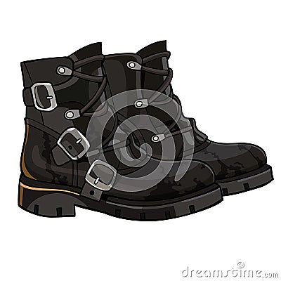 Old black boots with buckles and laces Vector Illustration