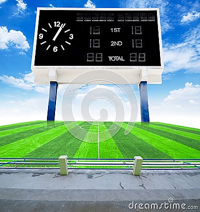 Old black score board in field soccer. Stock Photo