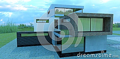 Old, black and white bricks, as well as concrete. Finishing a brutal house in high-tech style. 3d render. Stock Photo