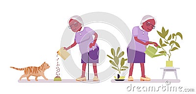 Old black woman, elderly person watering plants, feeding pet cat Vector Illustration