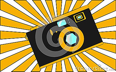 Old black and yellow retro vintage antique hipster obsolete camera against the background of orange rays. Vector Illustration