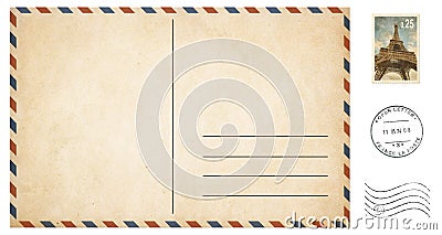 Old blank postcard isolated on white with post Editorial Stock Photo