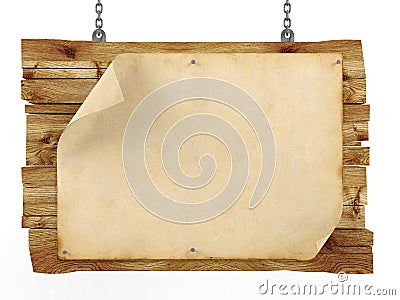Old blank vintage paper on hanging wooden sign Stock Photo