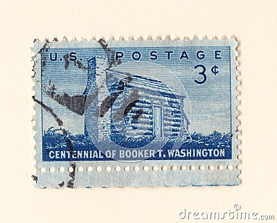 An old blue american postage stamp celebrating the centennial of african american author booker t Washington in 1956 Editorial Stock Photo