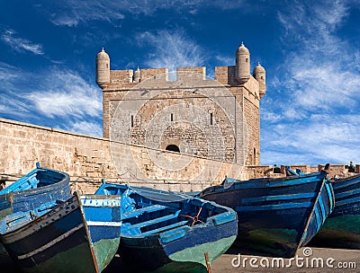 Old blue boats in harbour of Essaouira in Morocco Stock Photo