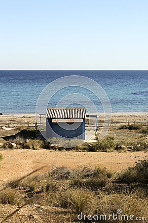 Old blue cabin on the beach in Santa Pola Stock Photo