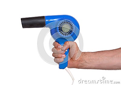 Old blue hairdryer in hand Stock Photo