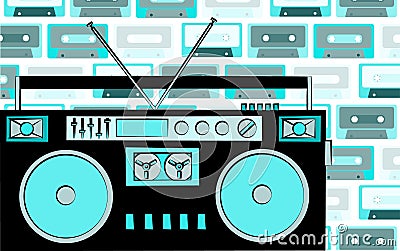 Old blue retro vintage antique hipster obsolete cassette music audio tape recorder on a background of blue music audio cassettes. Vector Illustration