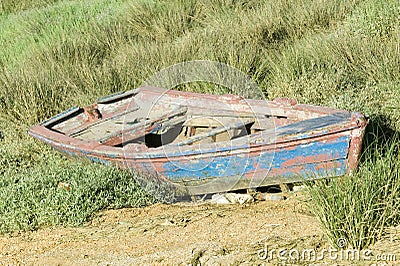 Old blue row boat on land at Palos de la Frontera - La Rï¿½bida, the Huelva Provence of Andalucia and Southern Spain, the site Stock Photo