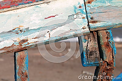 Old boards of the skeleton of a scrapped ship Stock Photo