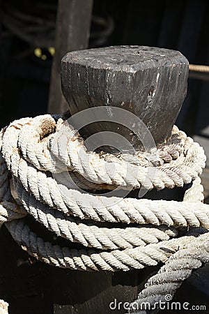 Old boat rigging with ropes Stock Photo