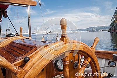 Old boat steering wheel from wood Stock Photo