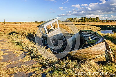 Old boat wreck abandoned in marshland Stock Photo