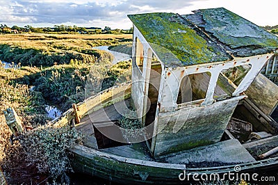 Old boat wreck abandoned in marshland Stock Photo