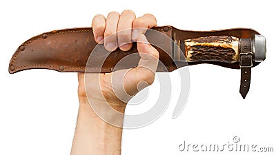 Old bond handle knife in leather casing Stock Photo