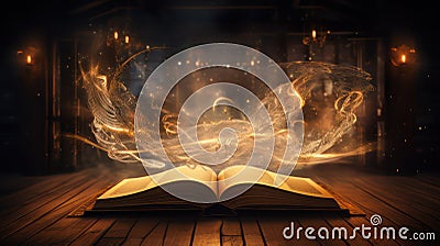 Old book with magic light on the bookshelf created with Generative AI. Reading a book. Stock Photo