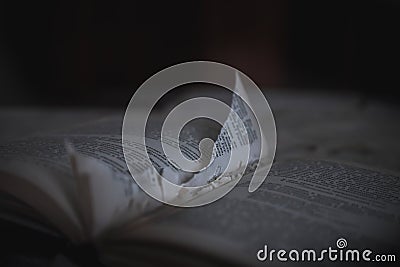 An old book with a torn page lies in an abandoned building. Gloomy atmosphere. An old book. Stock Photo